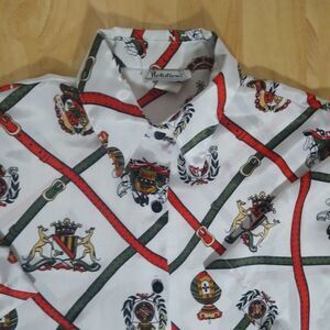 Vintage Notations Crest Straps Pattern Polyester Hawaiian Disco Shirt